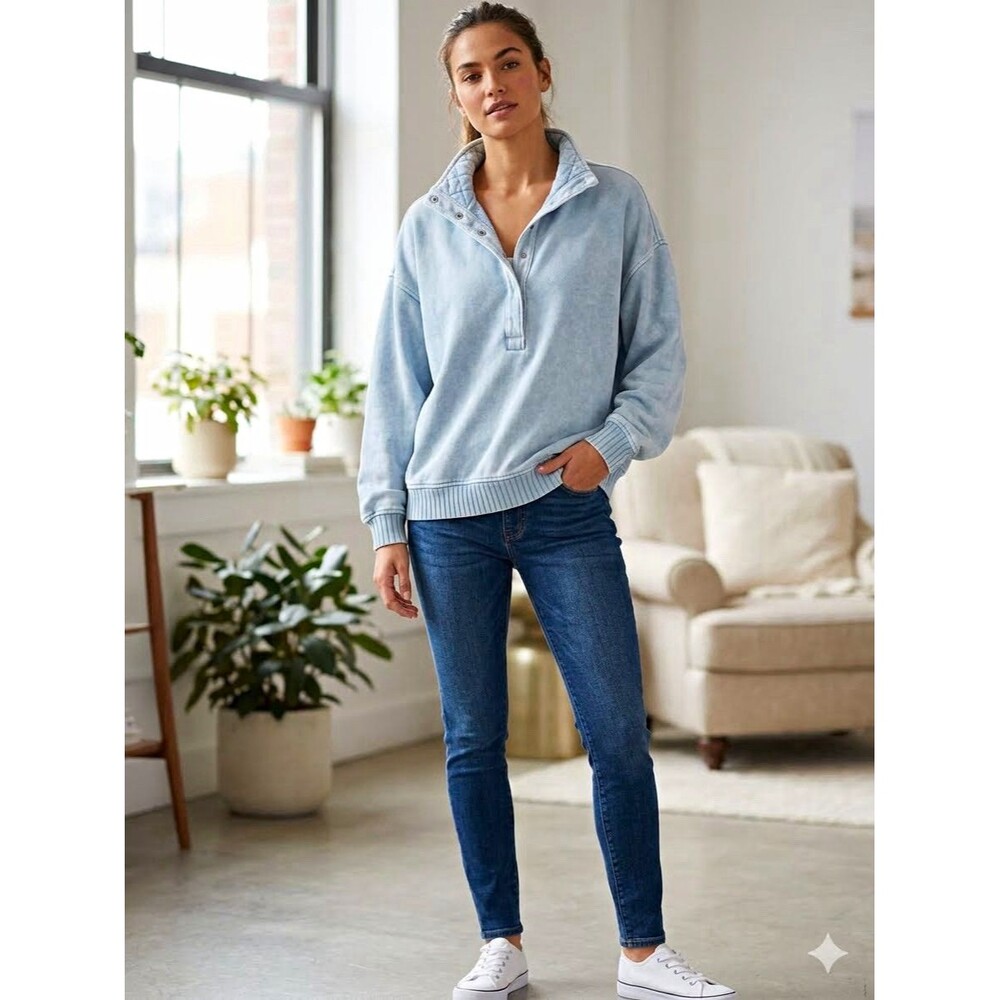 Aerie Oh Snap Oversized Blue 1/4 Snap Collared Pullover Fleece Sweatshirt XS